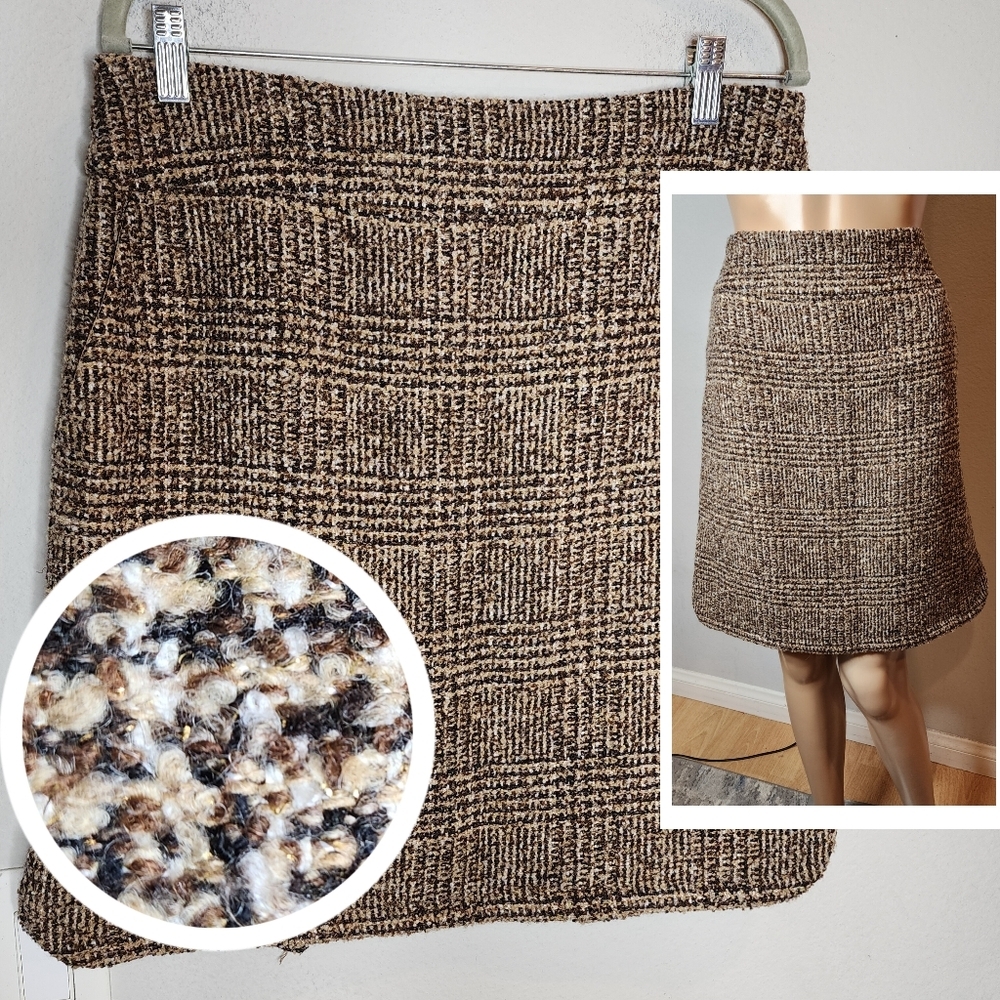 Etcetera Wool Blend Brown Tweed Gold Metallic Plaid Skirt Size 12 Pockets